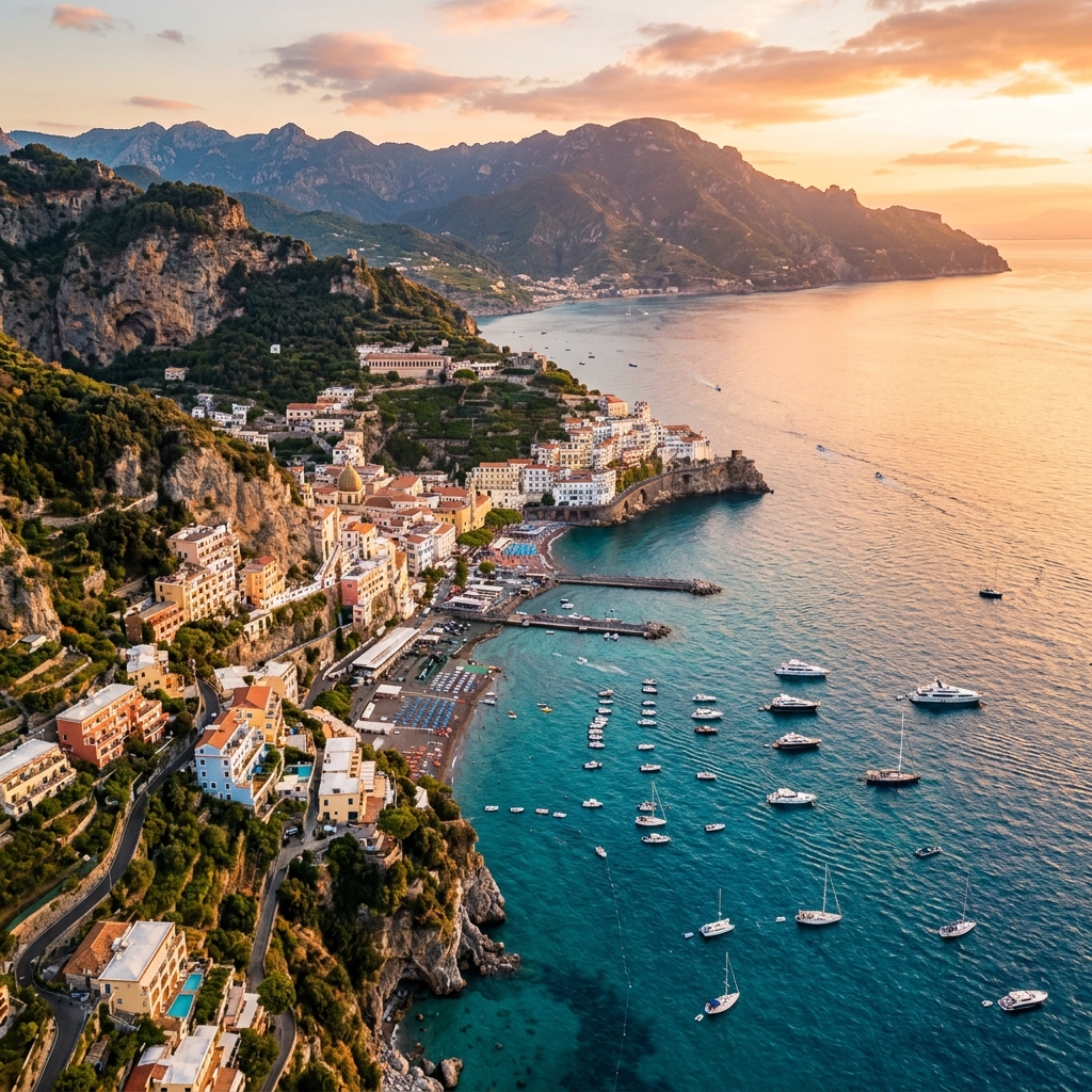 Aerial view of Positano on the Amalfi Coast at golden hour