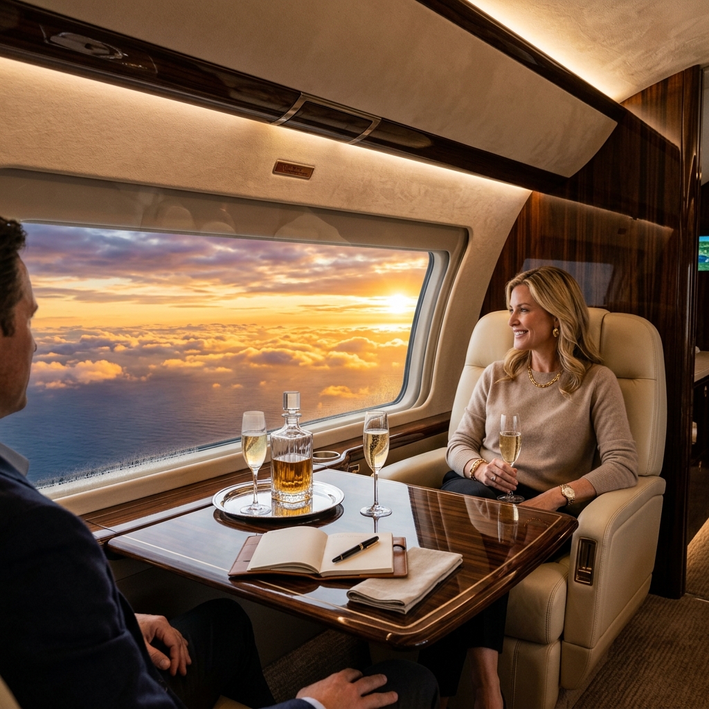 Luxury private jet cabin interior at sunset