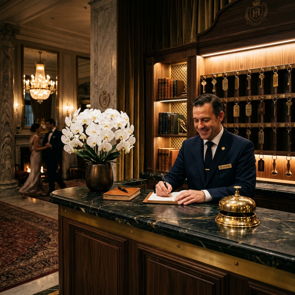 Elegant luxury hotel concierge desk with brass bell and orchids
