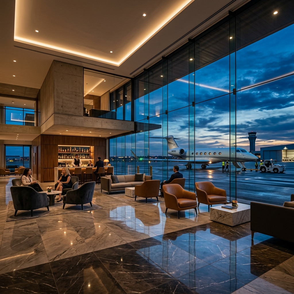 Modern private aviation FBO terminal at dusk