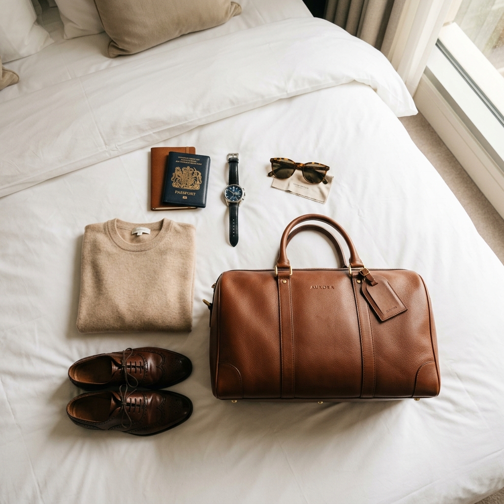Luxury travel packing flat lay with leather bag and accessories