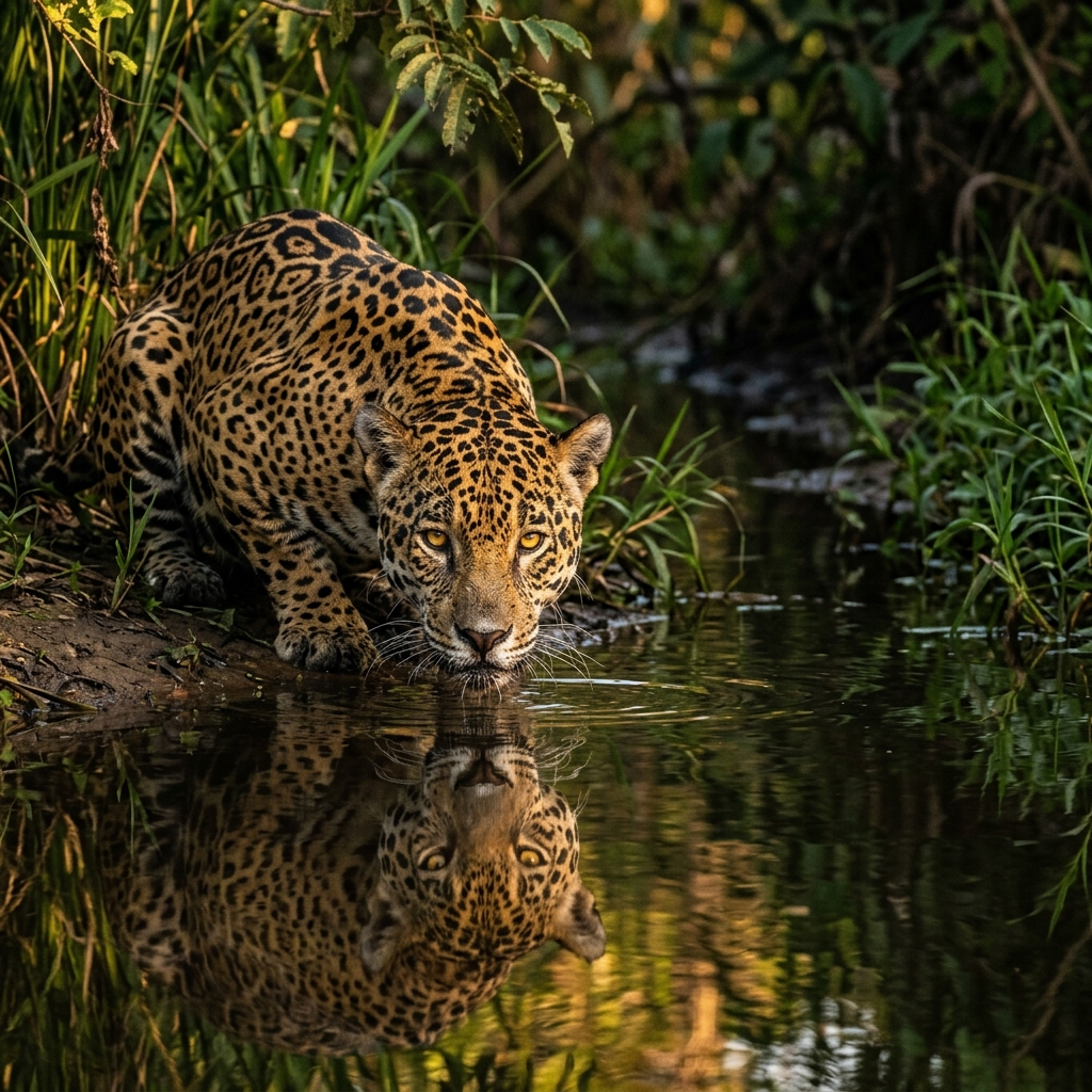 Jaguar at the water's edge in the Brazilian Pantanal wetlands at golden hour