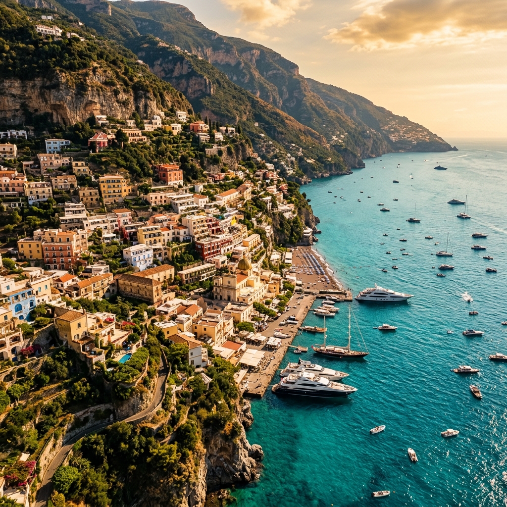 Positano on the Amalfi Coast, colorful buildings cascading into turquoise sea