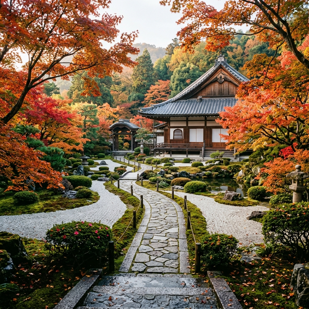 Japanese zen garden with autumn maples and traditional temple in Kyoto