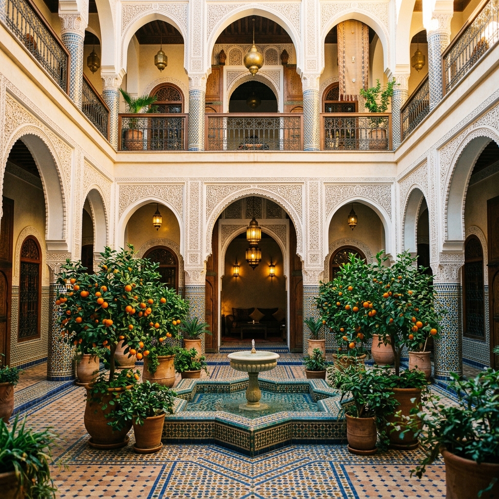 Ornate Moroccan riad courtyard with zellige tilework and orange trees in Marrakech