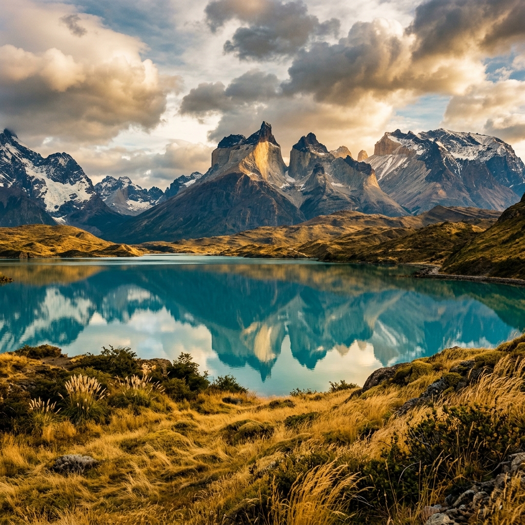 Torres del Paine granite peaks reflected in glacial lake, Patagonia wilderness