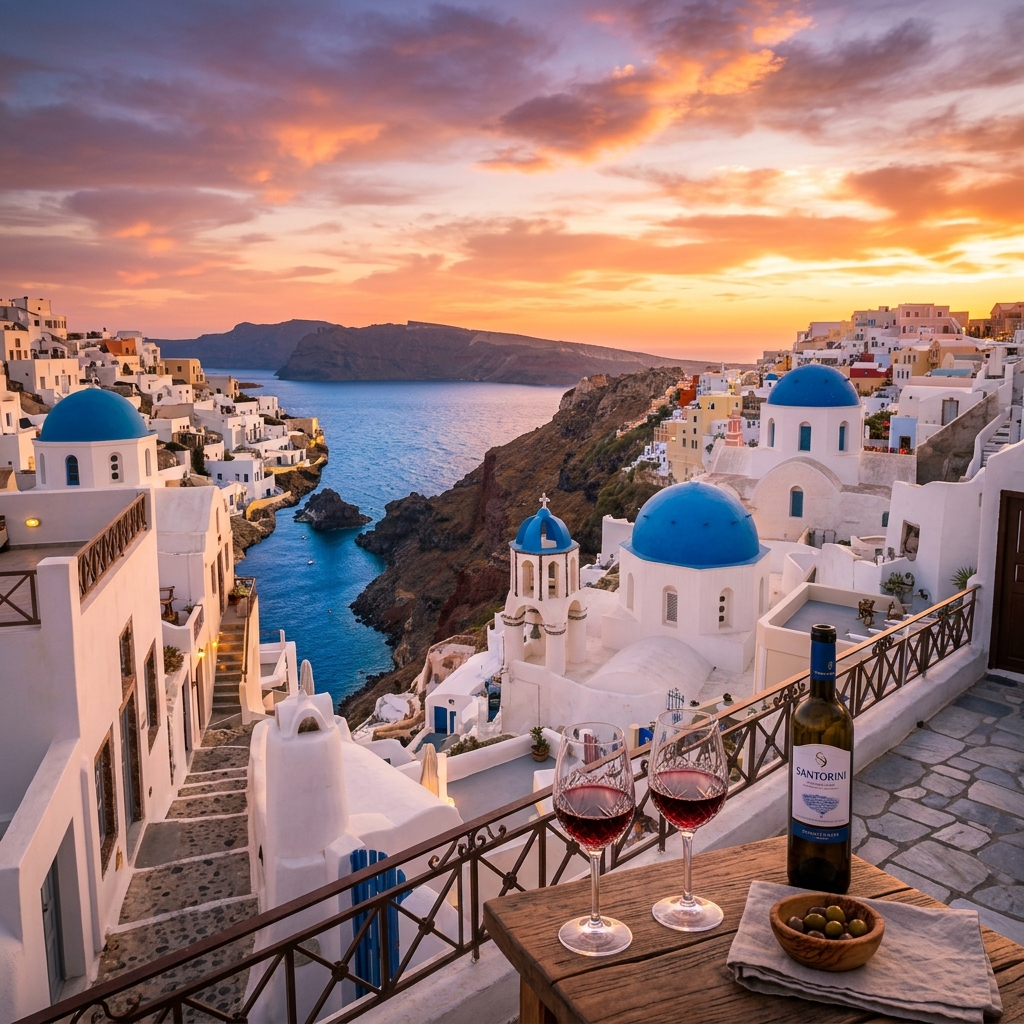Santorini blue domes and white buildings overlooking the caldera at sunset