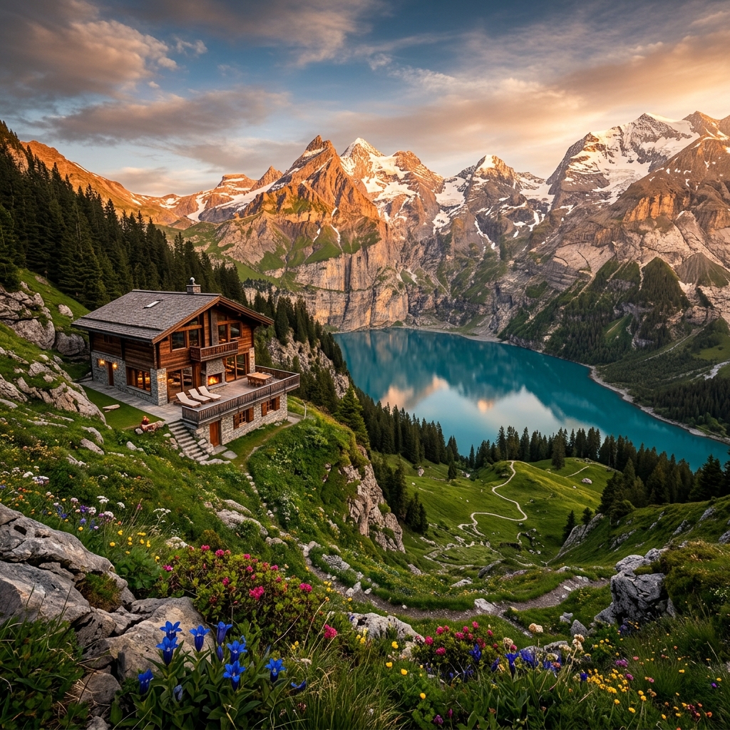 Swiss Alps chalet overlooking turquoise alpine lake