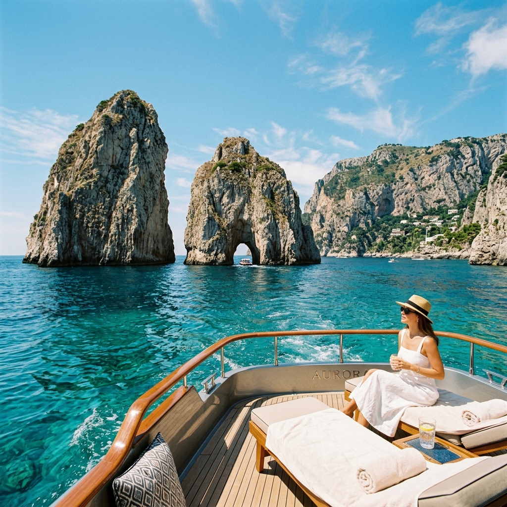 The Faraglioni rocks of Capri seen from a private boat on crystal clear turquoise water