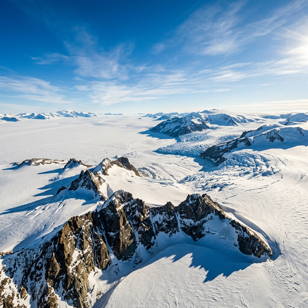 Vast Antarctic ice sheet with exposed nunataks and glacier under brilliant polar sky