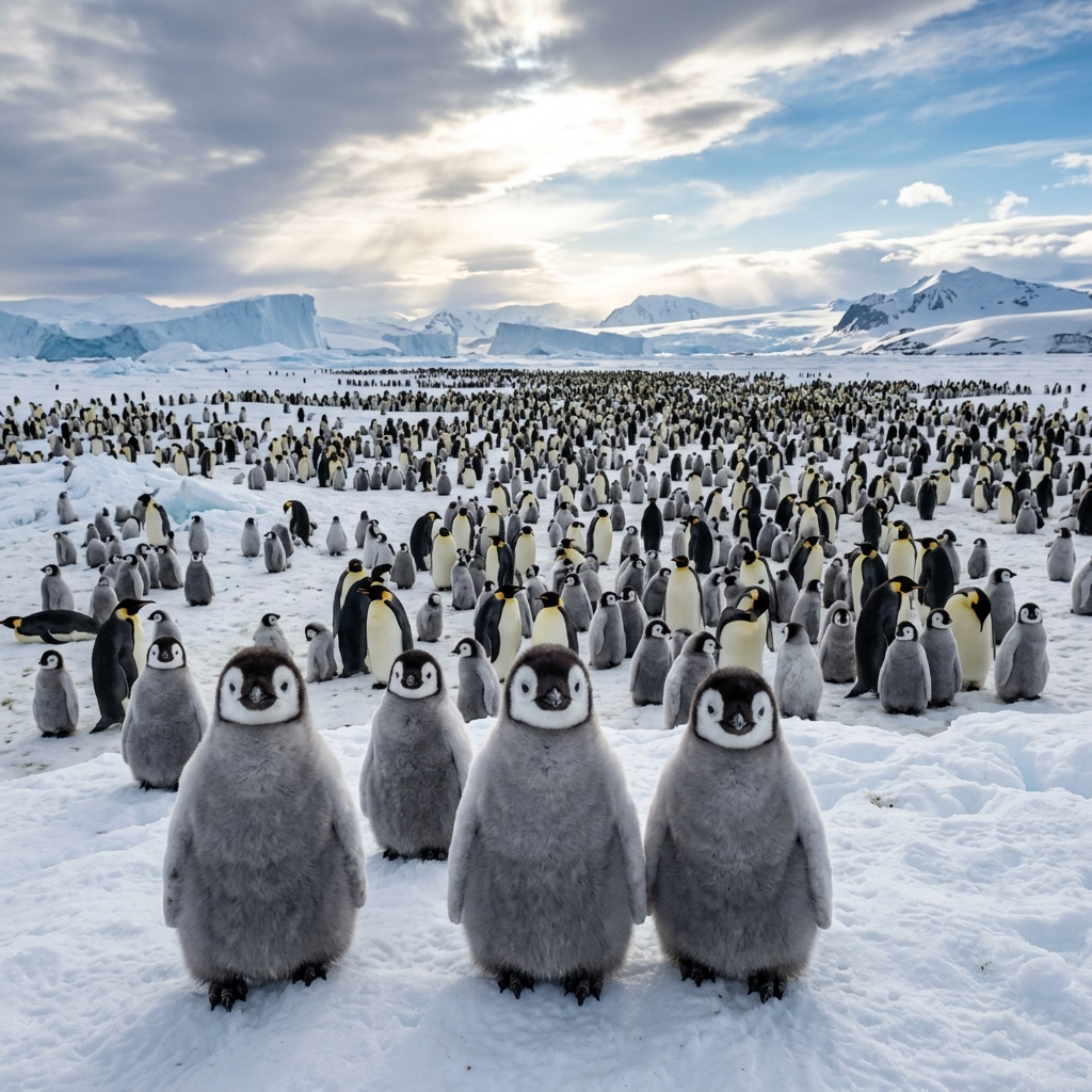 A vast colony of Emperor penguins with their chicks on the sea ice at Atka Bay, Antarctica, under the endless polar sunlight