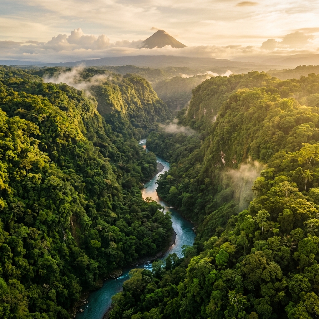 Lush Costa Rican river canyon with dense rainforest canopy and turquoise water