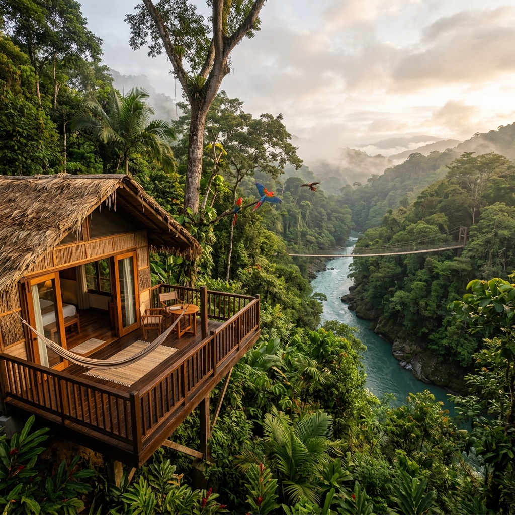 Pacuare Lodge bungalow perched above the river canyon in dense Costa Rican rainforest with no roads visible