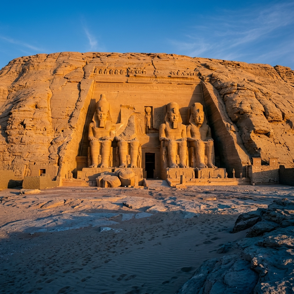 The four colossal statues of Ramses II at the Great Temple of Abu Simbel, lit by early morning sun against the Egyptian desert