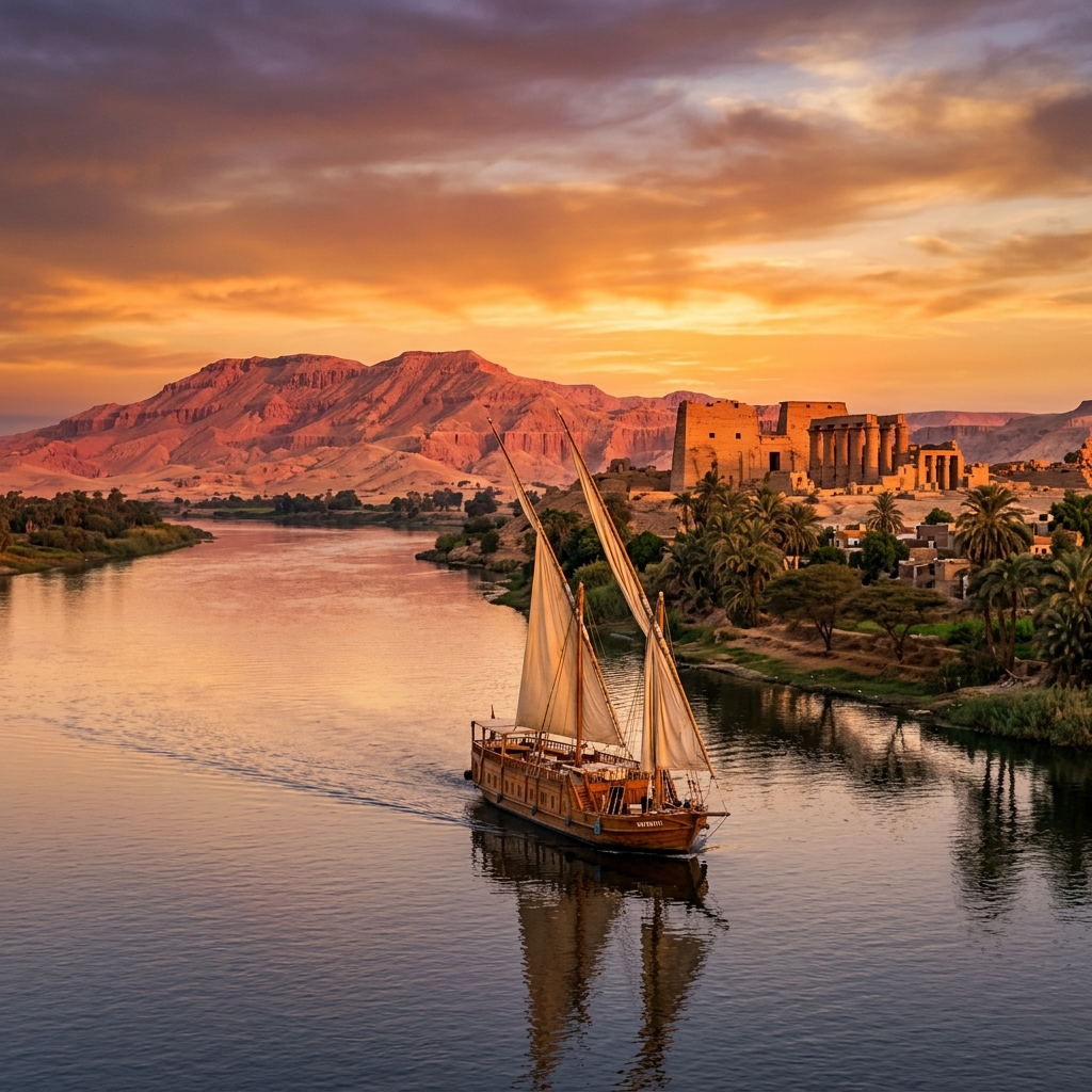 A traditional dahabiya sailing vessel on the Nile between Luxor and Aswan