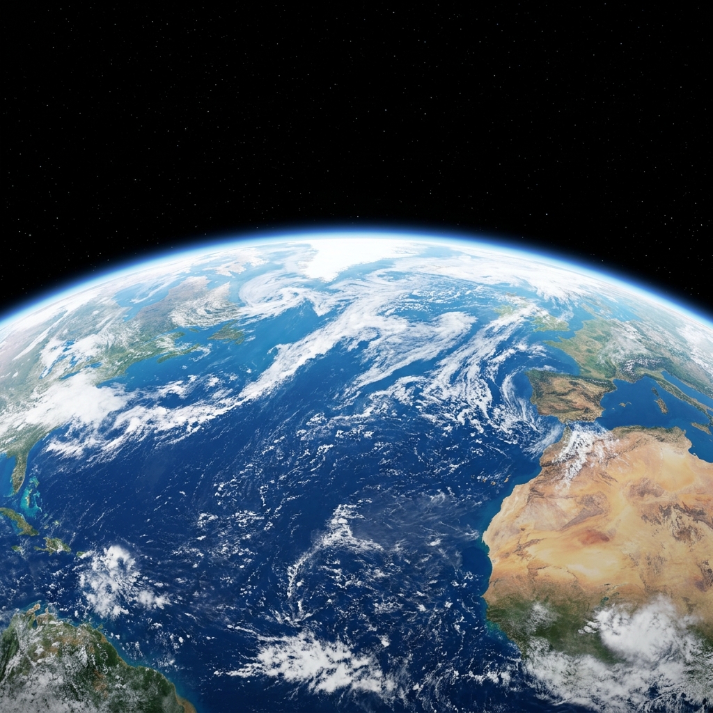 The curved edge of Earth seen from the edge of space, the thin blue atmosphere line separating the planet from the black void beyond