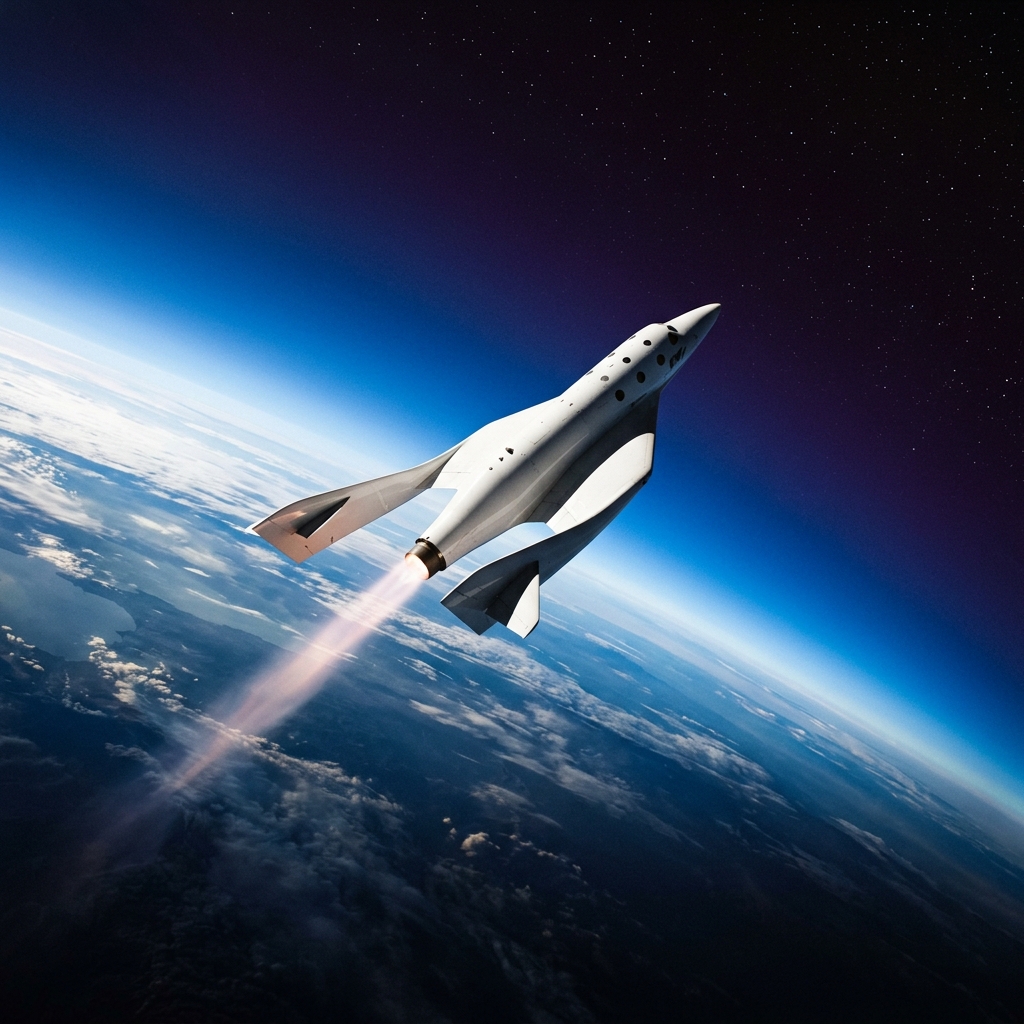 Spaceplane climbing toward the edge of space with the curved Earth below