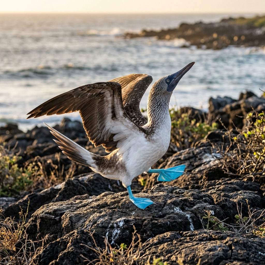 A blue-footed booby performing its courtship dance on North Seymour Island in the Gal&aacute;pagos, vivid blue feet lifted against volcanic rock with the Pacific behind