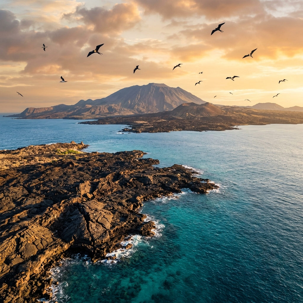 Volcanic Gal&aacute;pagos Islands coastline with turquoise water and wildlife