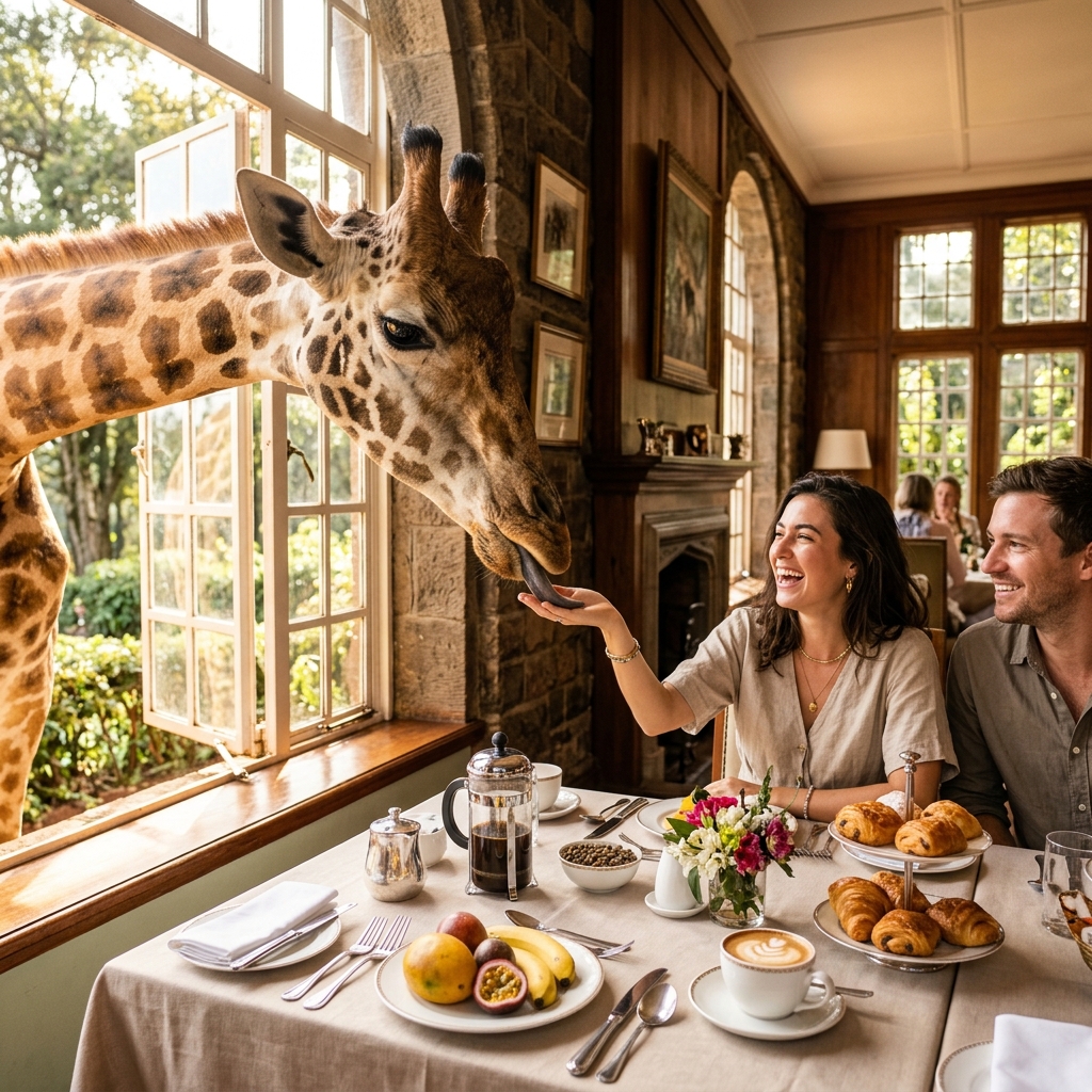 A Nubian giraffe reaching through the window of Giraffe Manor during breakfast as guests laugh and offer food pellets