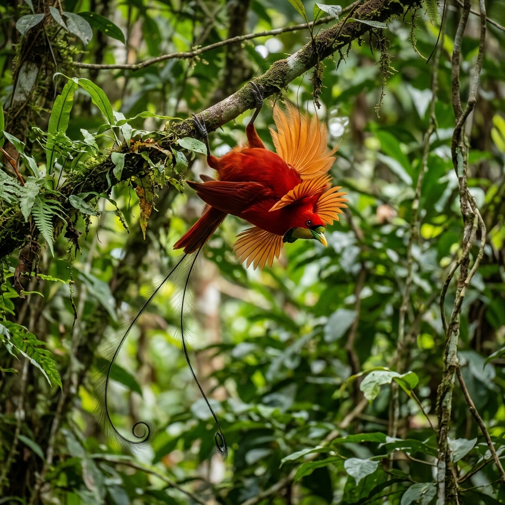 The red bird of paradise performing its mating display in the rainforest canopy of Batanta Island, Raja Ampat, at first light