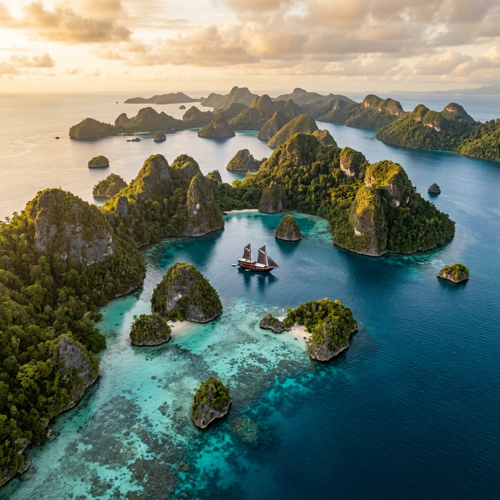 Turquoise waters and jungle-covered limestone karst islands of Raja Ampat, Indonesia