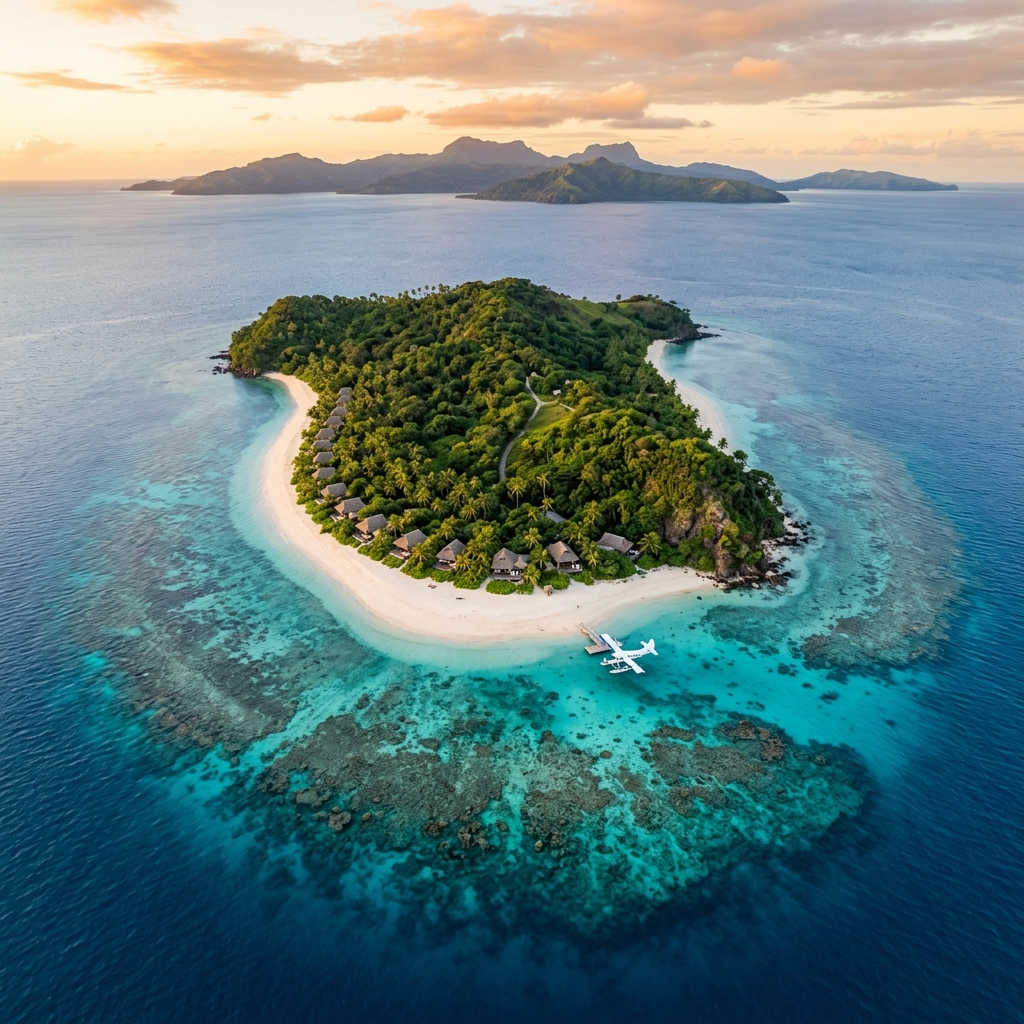 Aerial view of Kokomo Private Island Fiji with turquoise reef and white sand beaches