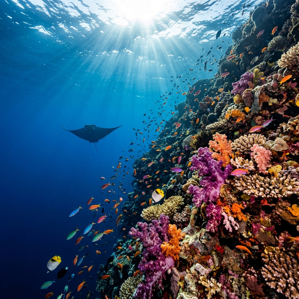 Crystal-clear underwater view of the Solo Reef wall near Kokomo Private Island, Fiji, with vibrant coral and a school of fish in brilliant blue water