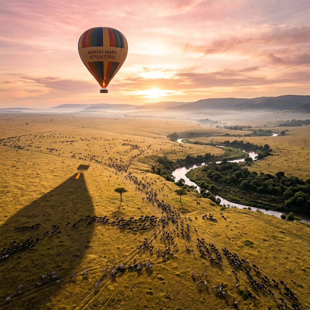 Hot air balloon floating over the Maasai Mara at dawn with herds of wildlife visible on the golden plains below