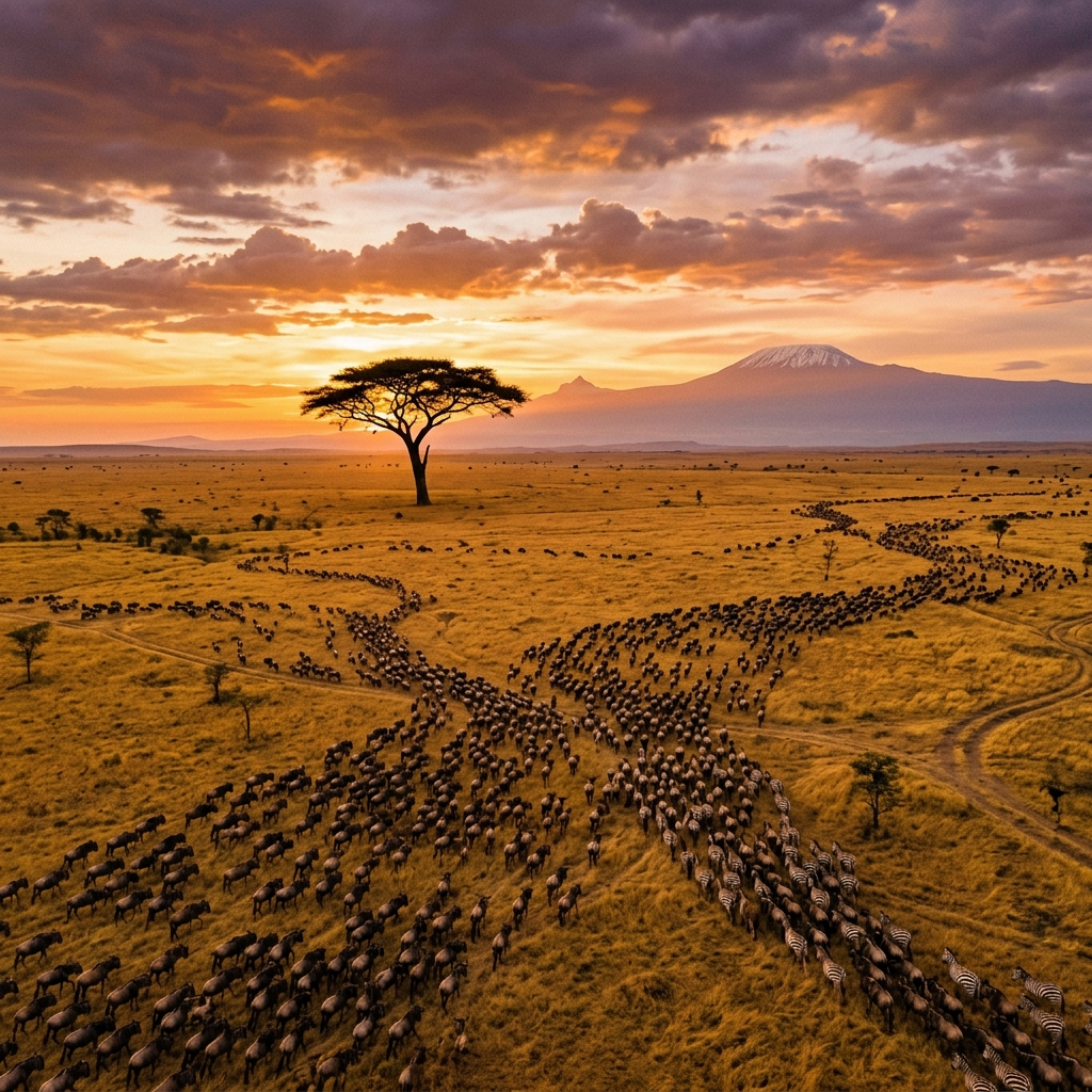 Golden savannah sunset across the Masai Mara with acacia trees silhouetted