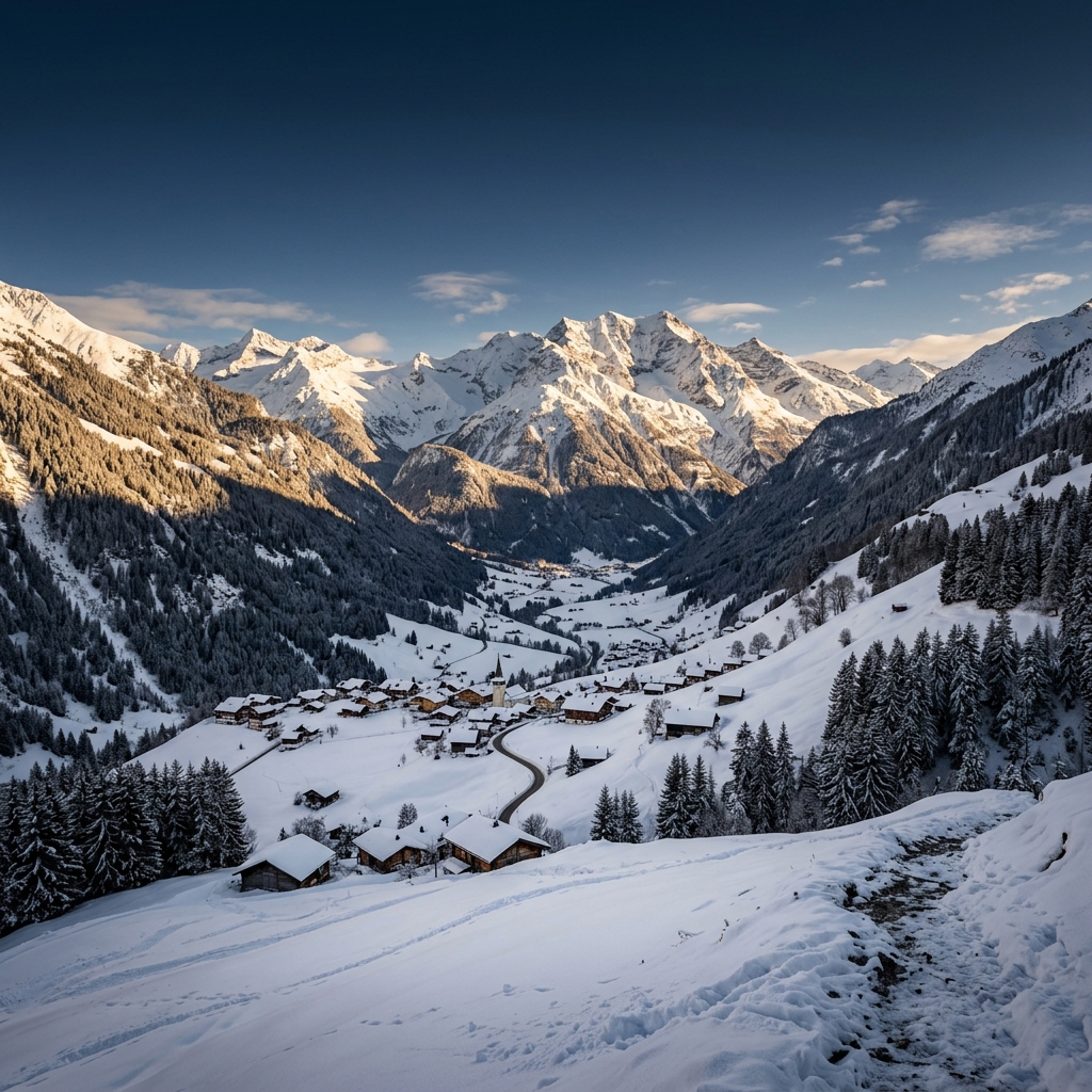 Snow-covered Swiss Alps valley in the Bernese Oberland with dramatic mountain peaks