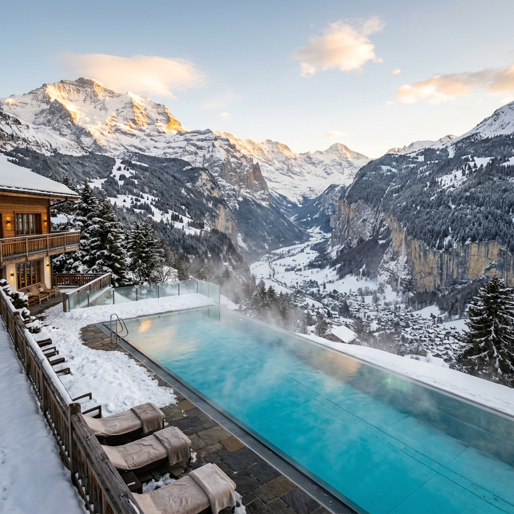 The outdoor heated infinity pool at The Cambrian hotel in Adelboden, Switzerland, overlooking the snow-covered Bernese Alps valley at golden hour