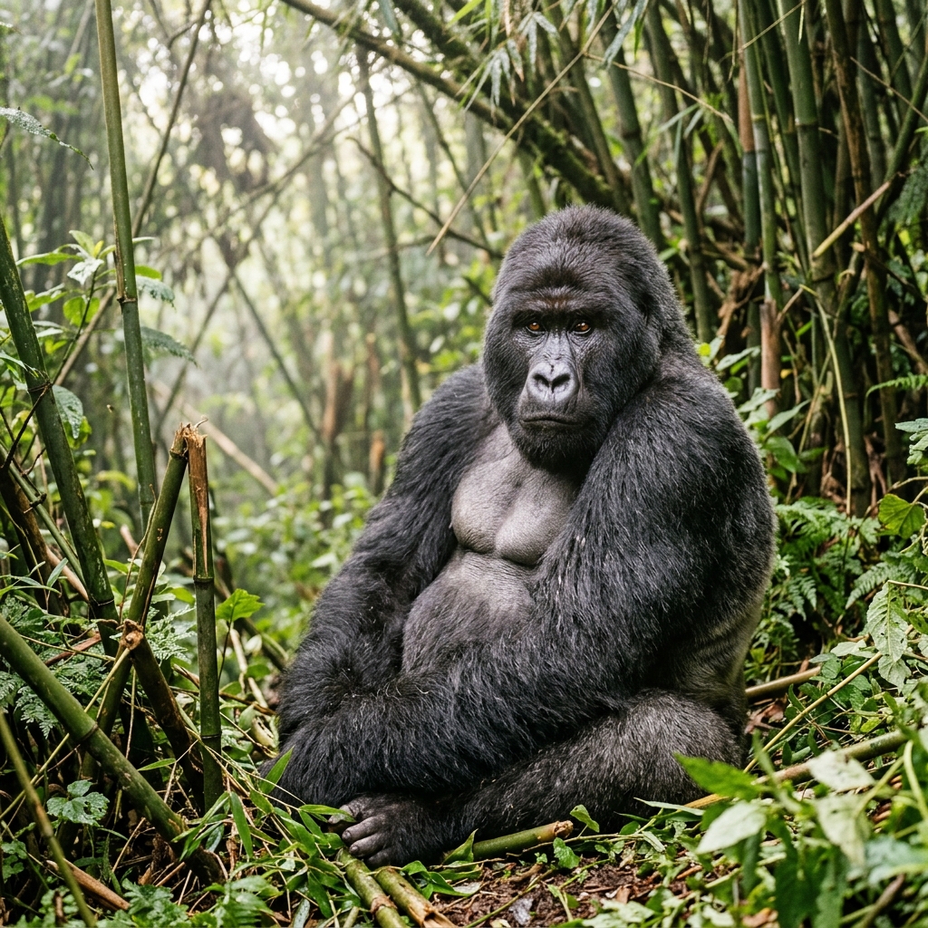 A silverback mountain gorilla in the bamboo forest of Volcanoes National Park, Rwanda, making direct eye contact