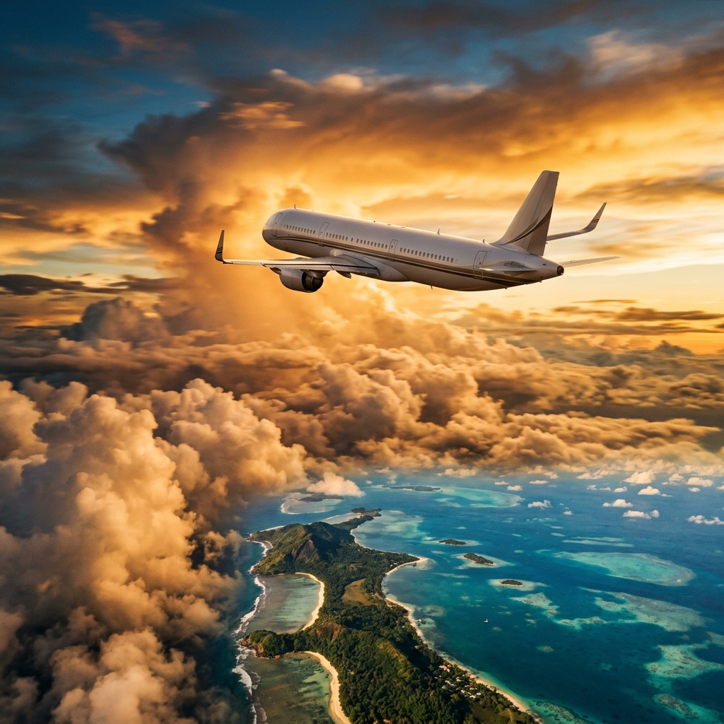 Private jet flying above dramatic clouds at golden hour over a tropical coastline