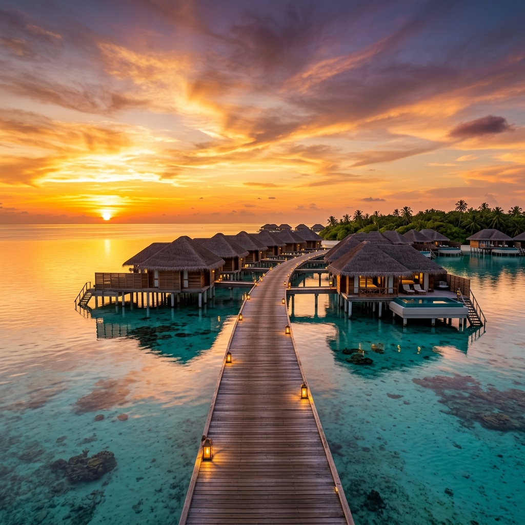 Maldives overwater villas at sunset, luxury travel destination