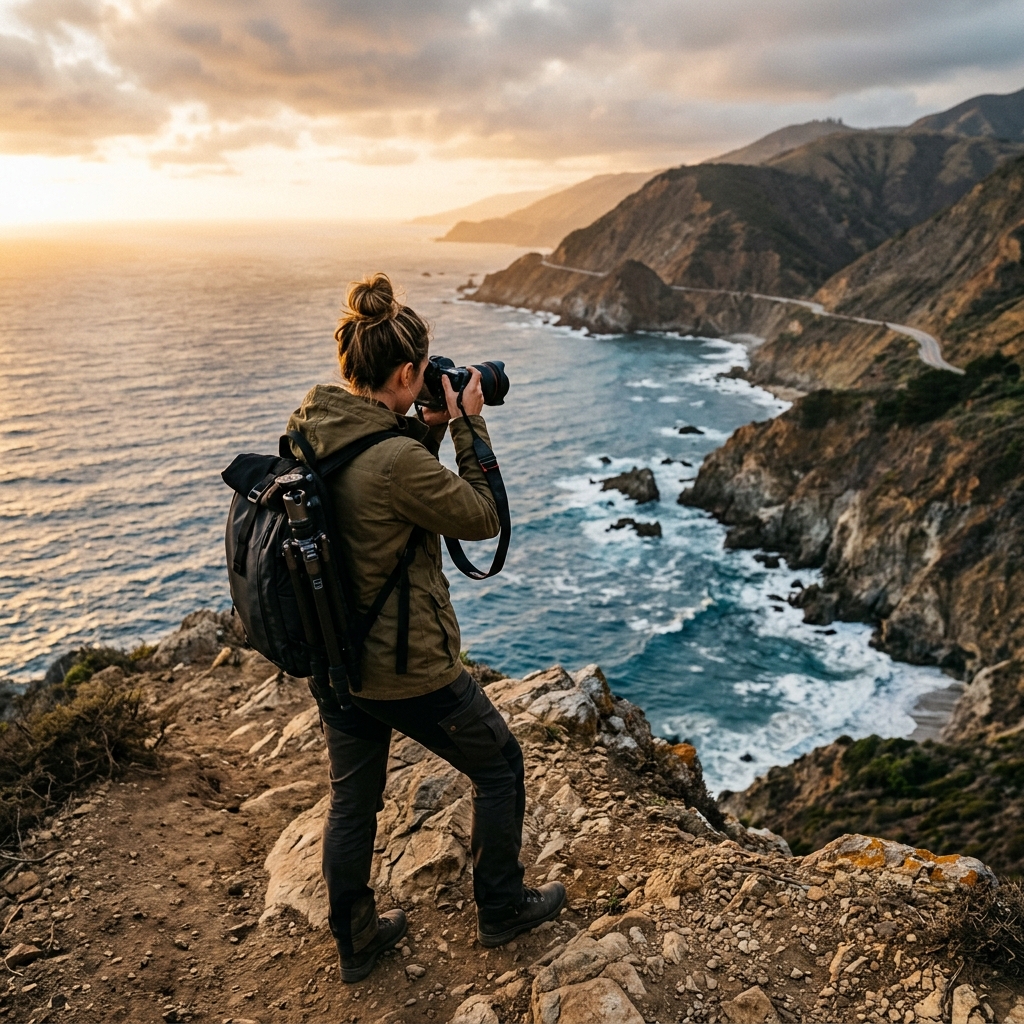 Travel photographer capturing a dramatic coastline, editorial content creation