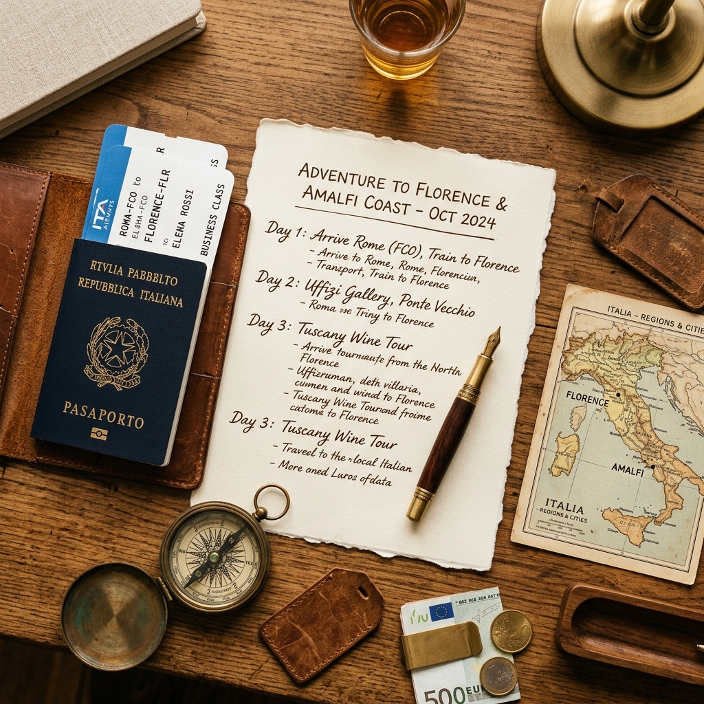 Bespoke travel itinerary planning with leather folio and fine writing instruments