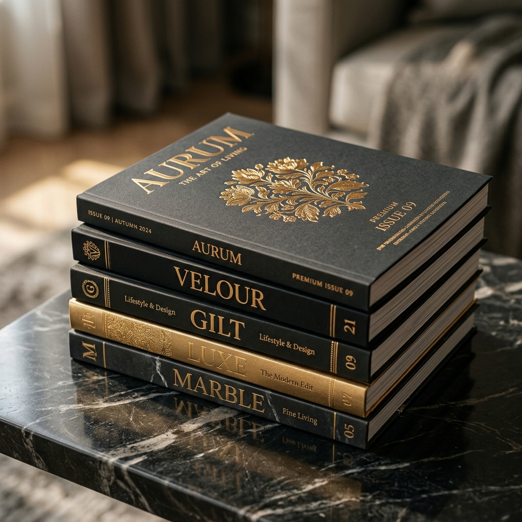Premium luxury magazines with gold foil details on dark marble surface